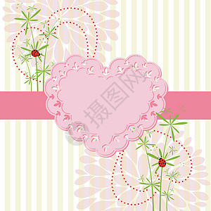 带鲜花的春夜情卡绿色插图瓢虫粉色红色心形条纹黄色季节季节性背景图片