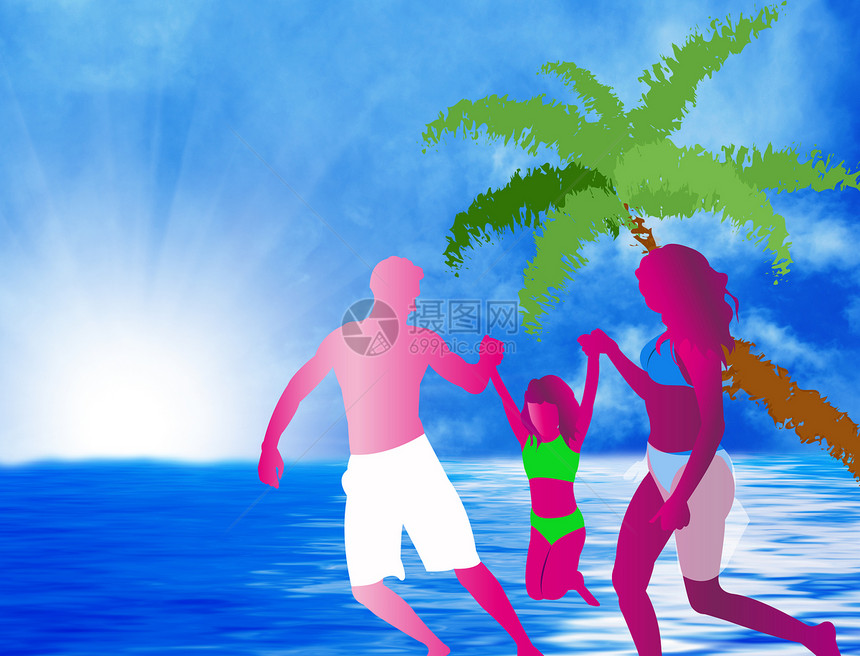 在奇异的海上度假胜地安乐休息晴天太阳海浪跑步女性女孩男人家庭蓝色海洋图片