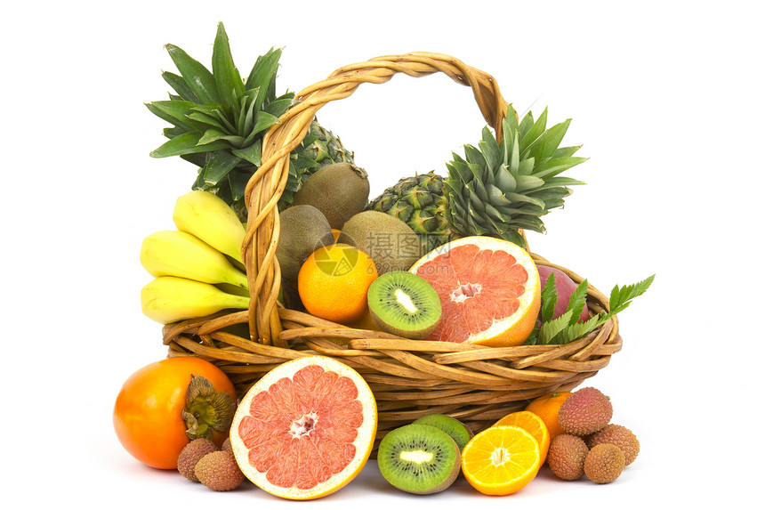 新鲜水果 篮子里有新鲜的果实荔枝橙子奇异果柚子白色杂货店香蕉热带柿子食物图片