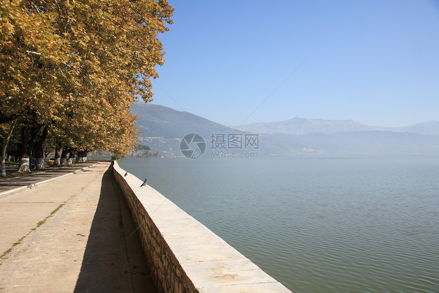 美丽的湖泊蓝色山脉绿色树木白色天空图片