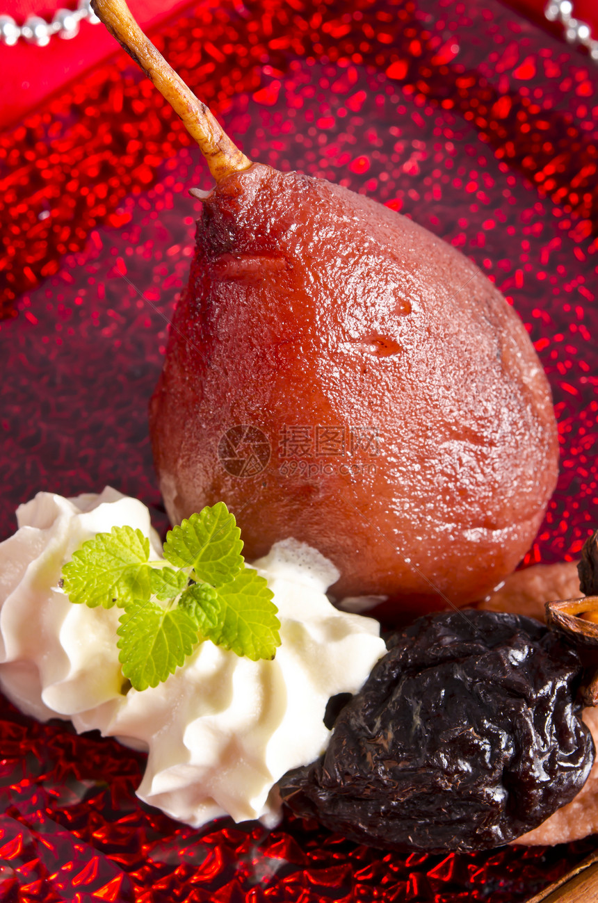 配香料的红葡萄酒中的梨肝葡萄园肉桂棒冰淇淋水果芳香庆典草本植物宴会餐厅香气图片