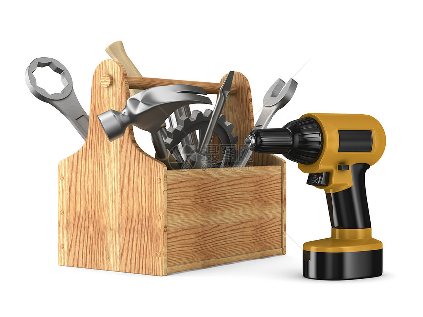 带工具的木制工具箱 孤立的 3D 图像力量职业螺丝刀建造成套机器修理木头木工乐器图片