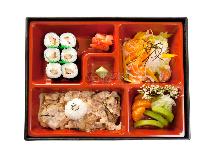 日本本托午餐胡椒宏观猪肉食物寿司蔬菜牛肉海鲜餐厅盘子图片
