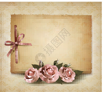 褐色中国风框架背影背景 有美丽的粉红色玫瑰和旧纸遗产相片集花束笔记卡片装饰风格礼物框架花瓣插画