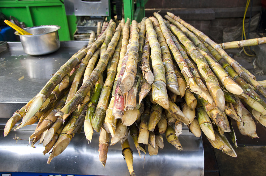 印度德里集市新鲜甘蔗热带市场草本植物食物冷却培育种植园树桩栗色金属图片