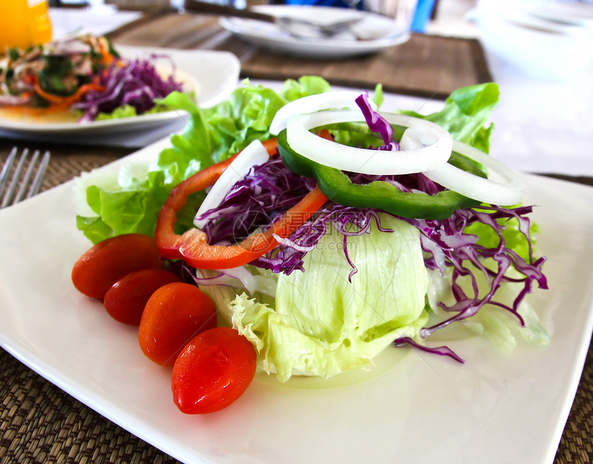 健康蔬菜沙拉碳水戒指洋葱胡椒黄瓜长叶叶子低脂肪餐厅午餐图片