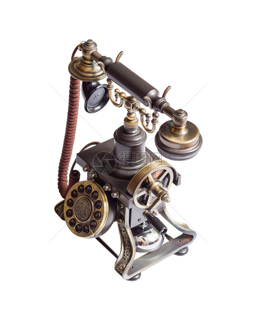 孤立的复古电话电缆绳索木头历史金属讲话装饰品耳机历史性扬声器图片