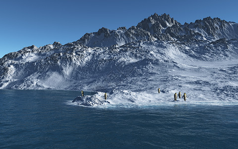 南极洲企鹅插图海洋动物波浪荒野天空反射蓝色风景背景图片