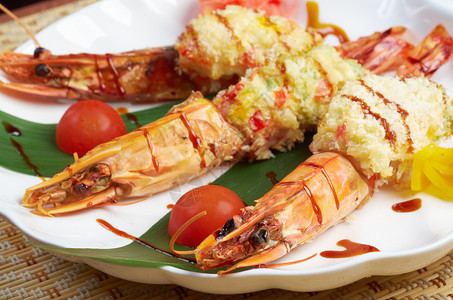 皇家虎虾海鲜沙拉食物盘子餐厅小吃美食平方老虎烹饪背景图片