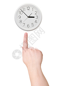 指向时钟手指时间男人钟表白色棕榈背景图片