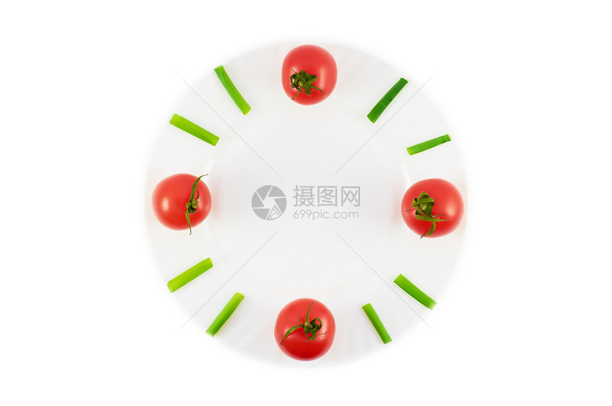 自然时钟用餐白色菜肴蔬菜陶瓷青菜玻璃餐具西红柿大葱图片