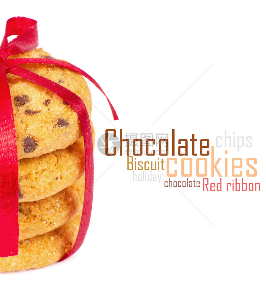 带有红丝带的巧克力薯片饼干早餐面包屑食物传统小吃垃圾团体芯片味道甜点图片