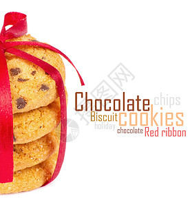 带有红丝带的巧克力薯片饼干早餐面包屑食物传统小吃垃圾团体芯片味道甜点背景图片