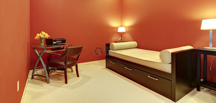 有沙发床和办公桌的红室图片