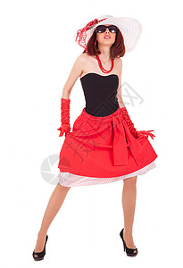 时装女孩的旧式是跳舞黑发帽子亚麻眼镜姿势配件化妆品衣服太阳镜秘密背景图片