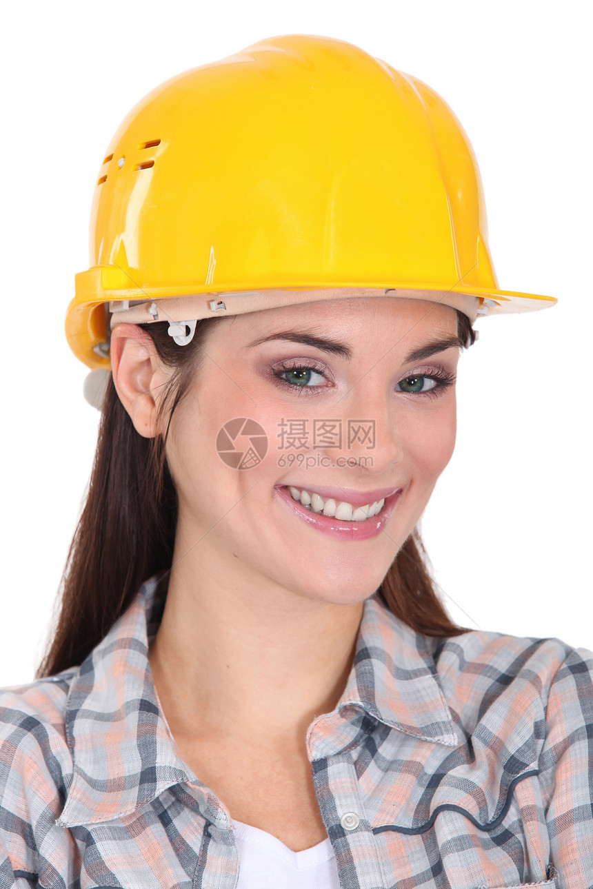 快乐工匠肖像呼唤工具衬裙命令帽子工人灯泡女士微笑职业图片