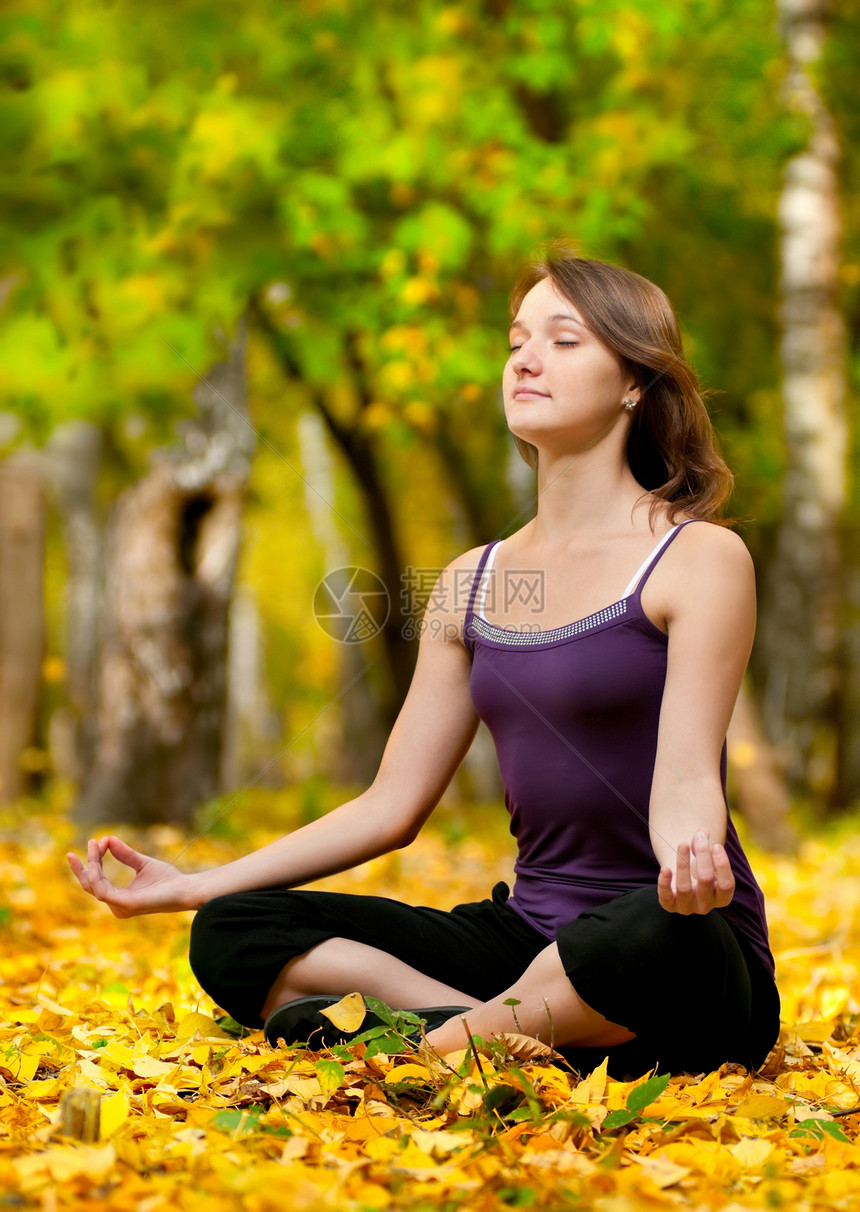 在秋季公园做瑜伽锻炼的妇女身体专注保健冥想娱乐森林卫生女性女士数字图片