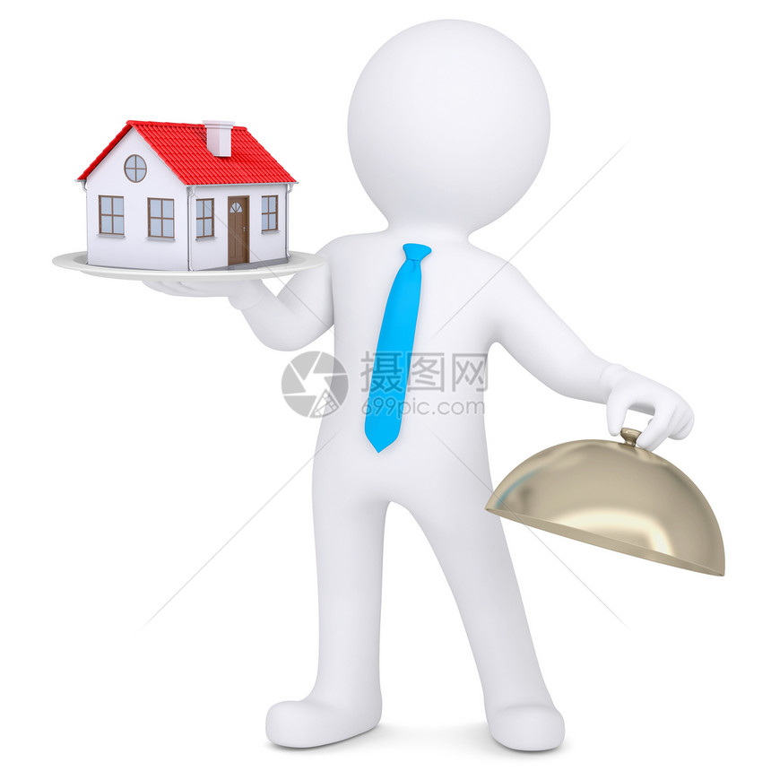 3个男人拿着一栋房子在盘子上推介会房地产白色金属插图财产建造保险小屋畅销书图片