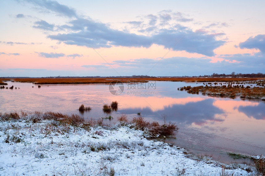 冬天日出在冰冻的沼泽上图片