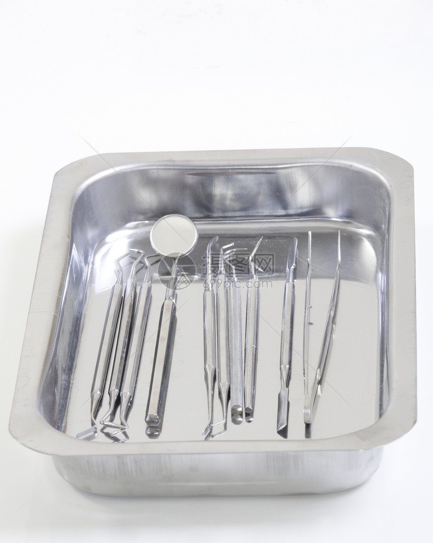 一套用于牙齿牙牙牙牙科护理的金属医疗设备工具镊子刮板镜子手术诊所矫正医生雕刻师治疗药品图片