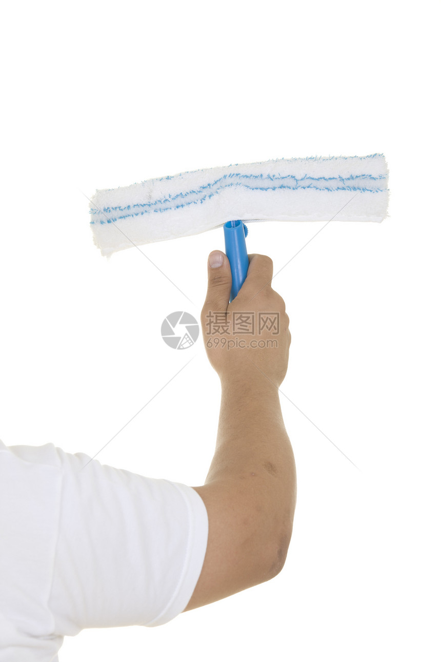 使用窗口清理工具的手白色蓝色刮刀塑料拖把垫圈家庭家务刷子工作图片