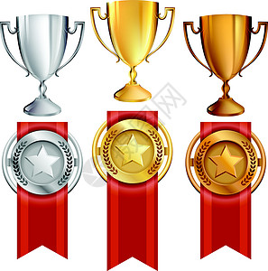 红色丝带素材一组Trophy和丝带奖章的矢量成就奖项插画