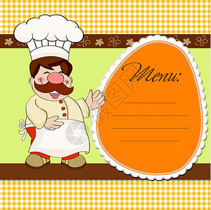 男性厨师品尝使用微笑主厨和菜单的背景卡通片封面食物领导者餐厅海报酒吧厨师帽子晚餐插画