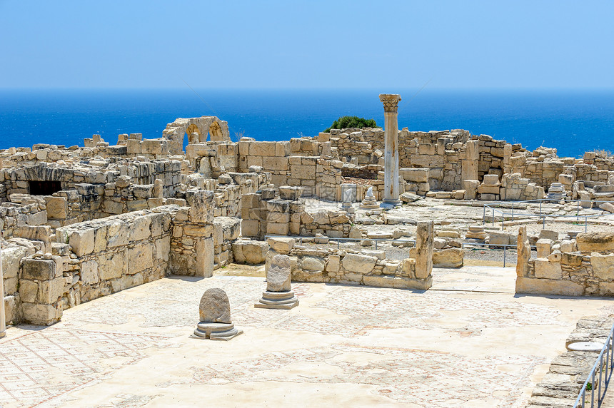 塞浦路斯古城的废墟马赛克古物寺庙文化石头岩石建筑学蓝色文明柱子图片