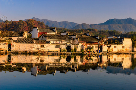 安徽宏村风景住宅池塘建筑学建筑旅游地点反射地标房子高清图片