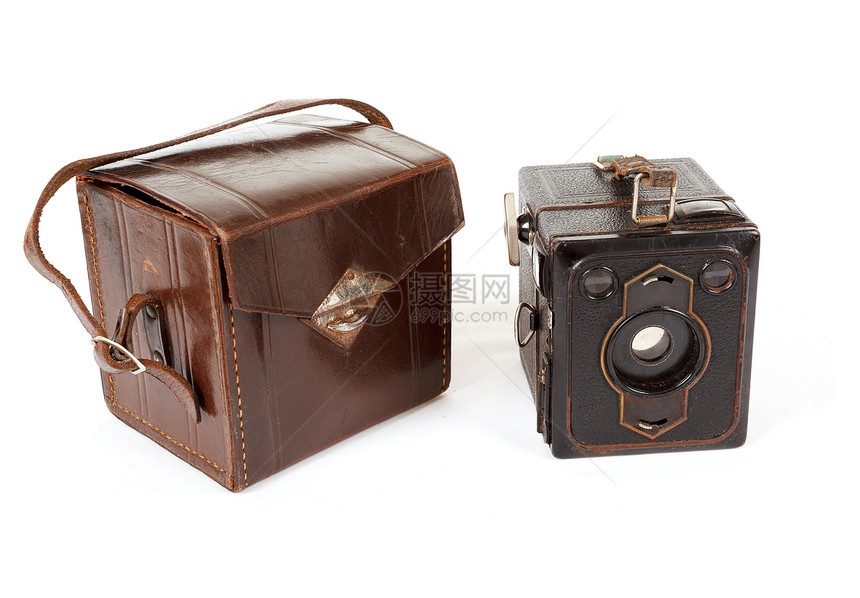 白色背景上非常古老的旧相机盒子艺术光学古董快照乡愁框架玻璃摄影技术图片