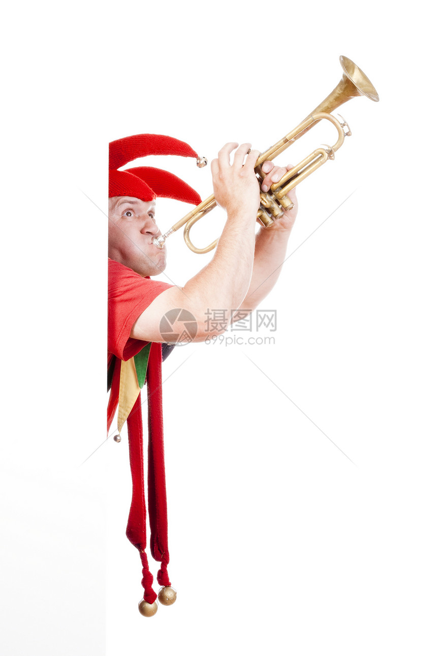 吹喇叭的小丑男人音乐乐趣乐器帽子傻子红色喜剧演员惊喜喜剧图片