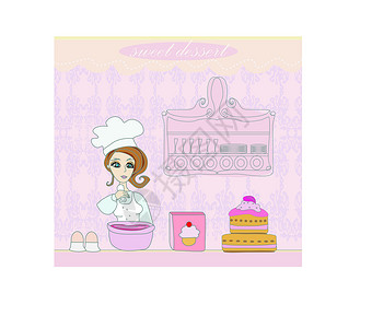 厨房蛋糕家庭主妇烤了一个美味的蛋糕房子奶油厨房食物午餐女性沙漠家具女士插图设计图片