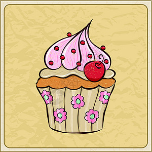 樱桃蛋糕奶油涂鸦派对念日杯子食物水果卡片甜点小吃背景图片