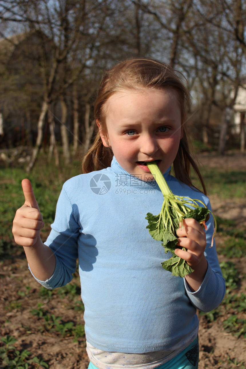 女孩在嚼着小青春的粗巴草本植物环境叶子树叶孩子生活孩子们衣服植物学食物图片