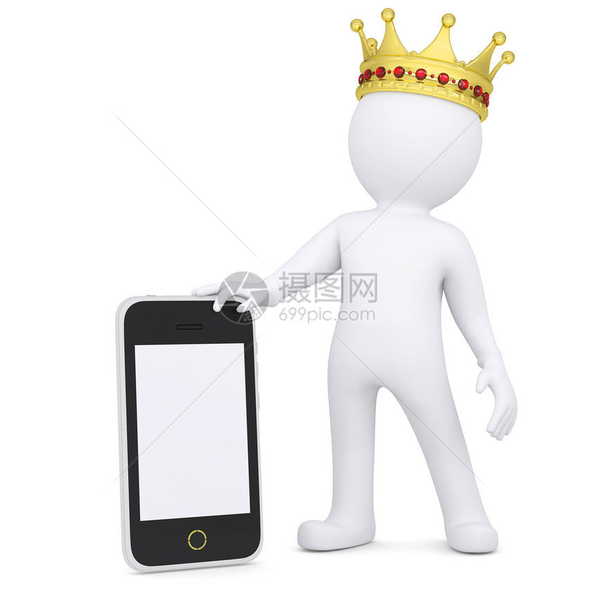 3D白人男子 有皇冠 手持智能手机图片