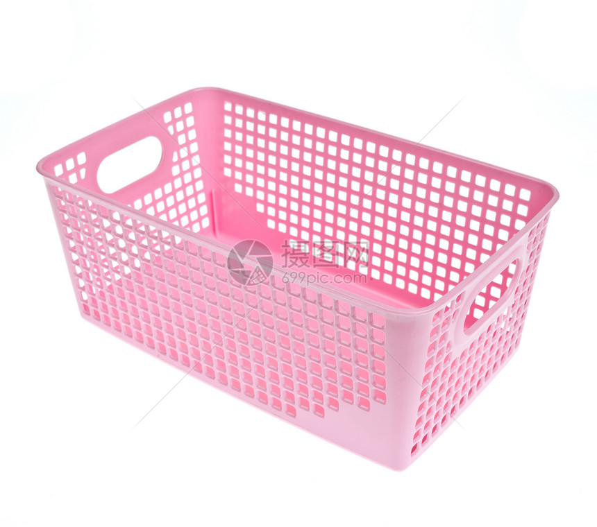 白底孤立的粉粉塑料篮子白色载体市场洗衣店粉色购物贮存水平图片