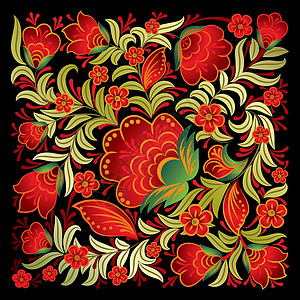 黑色上孤立的抽象红色花岗花装饰品装饰墙纸风格滚动艺术植物曲线作品古董框架插图高清图片素材