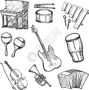 木琴一套音乐乐器民间派对电吉他细绳吉他孩子们乐队卡通片钢琴小提琴插画
