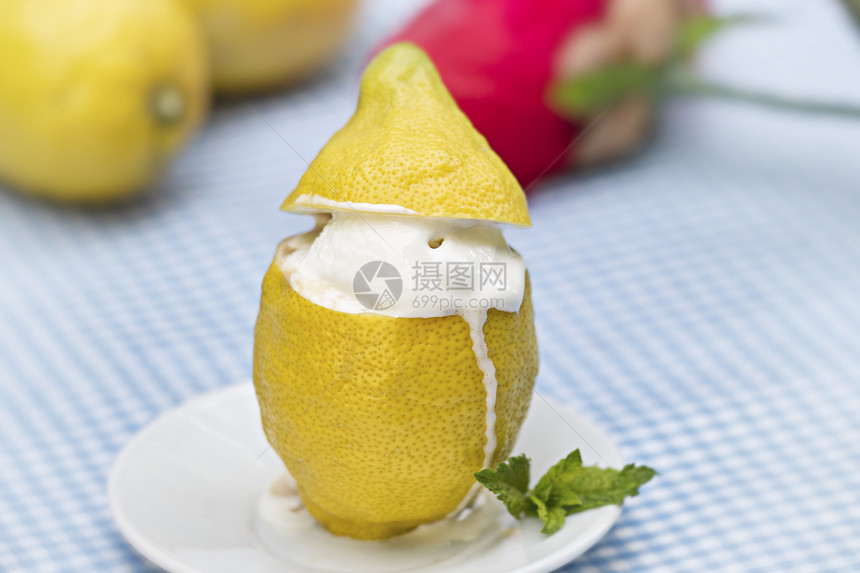 柠檬糖冻结薄荷茶点水果黄色甜点背景盘子图片