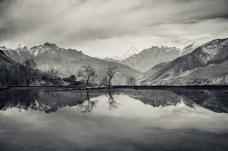 静湖中的树木和山岳的反射美丽高清图片素材