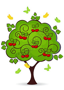 樱桃树素材樱樱桃树食物收成绿色植物学蝴蝶生态红色植物森林水果插画