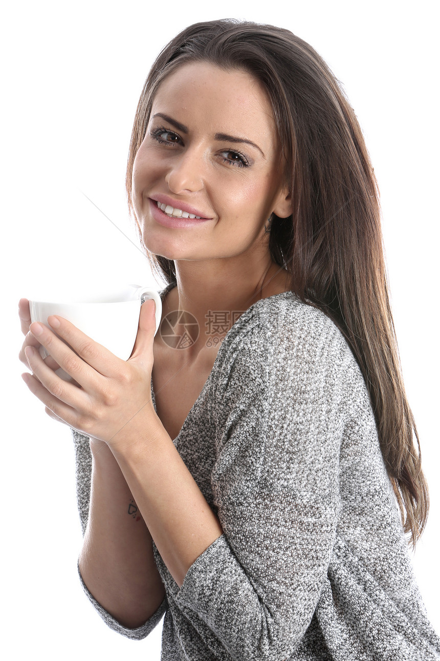 妇女喝茶的模范释放白色咖啡女士头发图片
