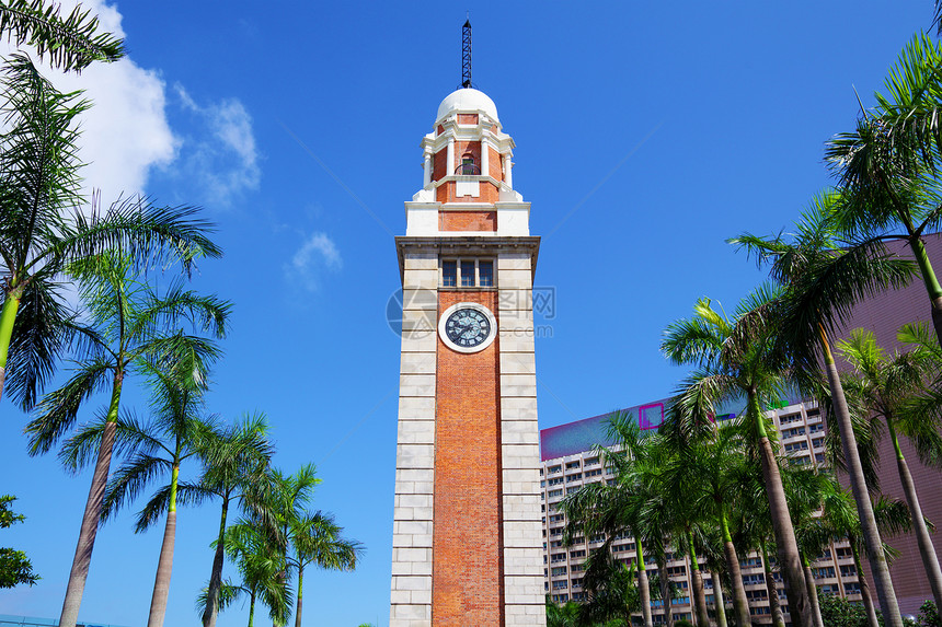 香港的时钟塔建筑地标圆圈发条城市历史性古董蓝色建筑学历史图片