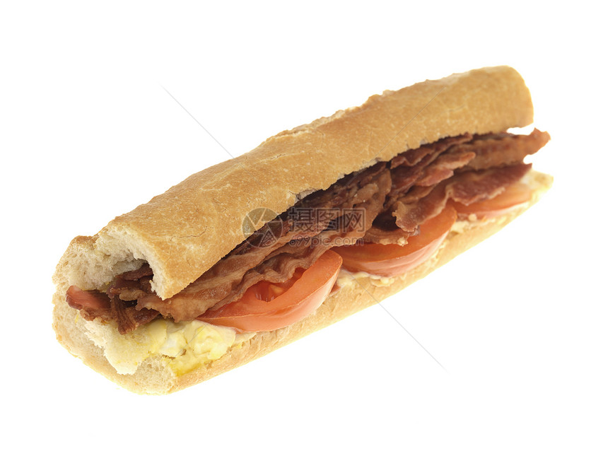 脆培根和番茄卷早餐白色油炸熏肉硬皮小吃条纹午餐食物面包图片