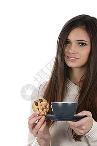 喝杯茶和饼干的女子女士饮料白色咖啡头发工作室独自的高清图片素材