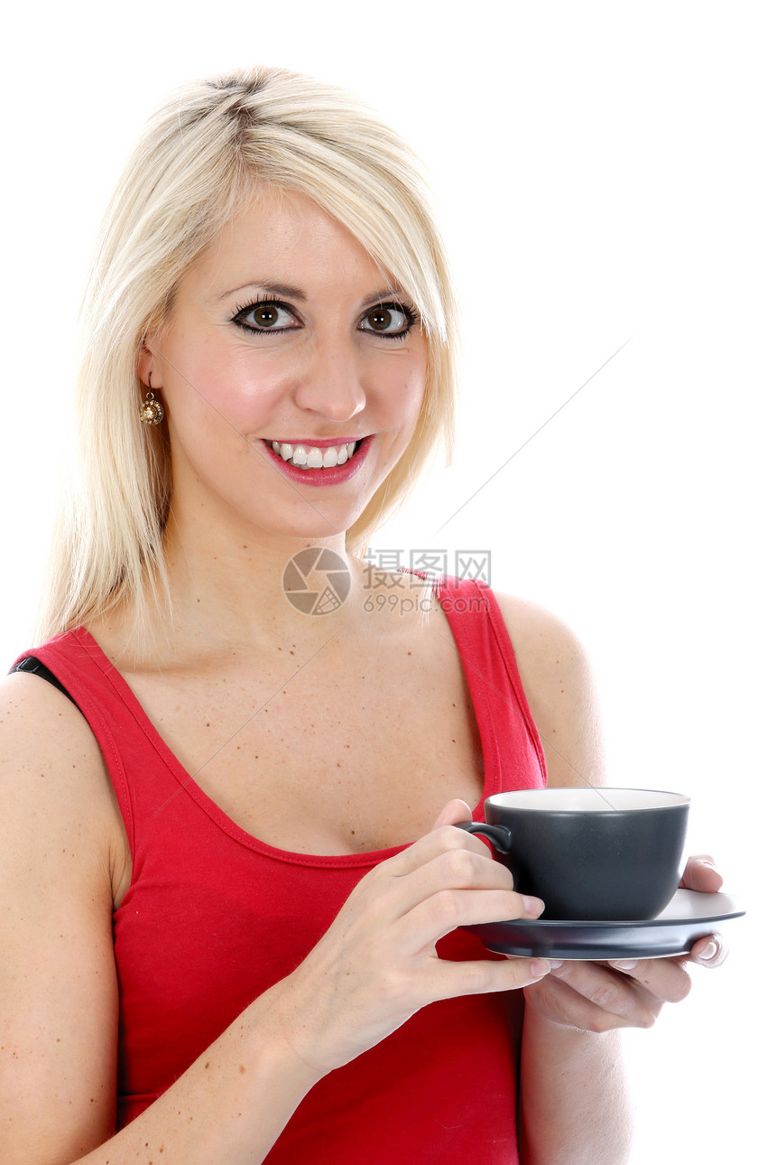 妇女饮杯茶白色金发女郎头发女士饮料咖啡图片