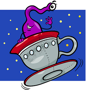紫色碟子外国人或马尔提人漫画插图飞船紫色飞行绘画吉祥物火星科幻飞碟快乐宇宙插画