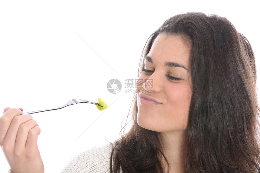 女青年食用新鲜水果沙拉鲜果沙拉女士吸引力头发白色图片