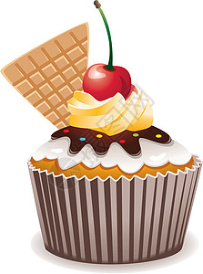 樱桃华夫饼蛋糕带有樱桃和华夫饼的矢量纸杯蛋糕插画