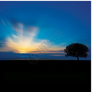 带云树和日出的抽象背景蓝色地球太阳行星植物阴影天空地平线阳光星空背景图片